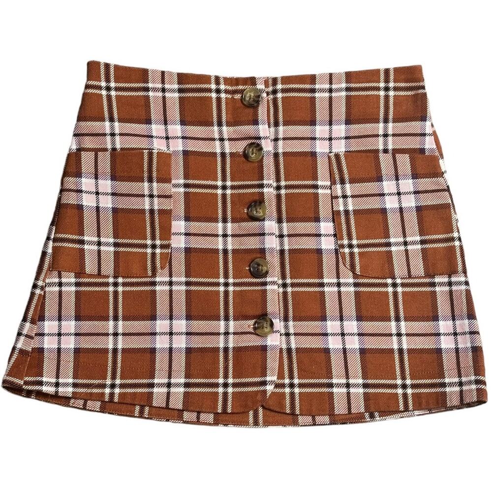 Copper Key Girls Brown Plaid Button Front Skirt Size Small